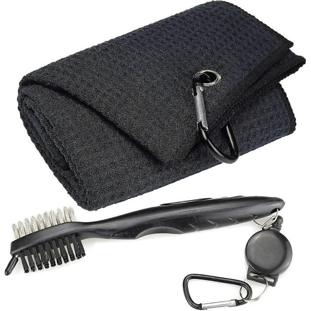 Microfiber Waffle Pattern Tri-Fold Golf Towel | Brush Tool Kit with Club Slot Cleaner, Retractable Extension Cord & Clip, Black