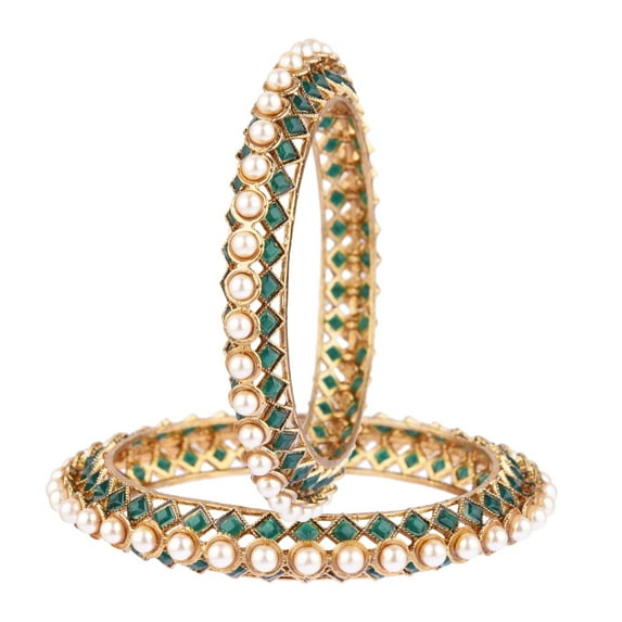Efulgenz Beaded Bangles Faux Pearl Antique Boho Kundan Bangle Crystal Bracelet Bridal Wedding Party Statement Jewelry for Women (2 Pcs) Size 2.6