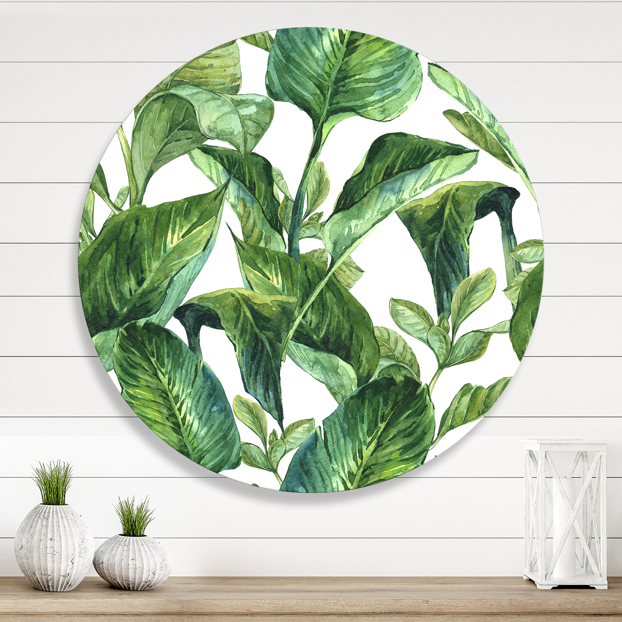 Designart 'Foliage Of Tropical Leaves On White' Tropical Circle Metal Wall Art 23x23 - Disc of 23