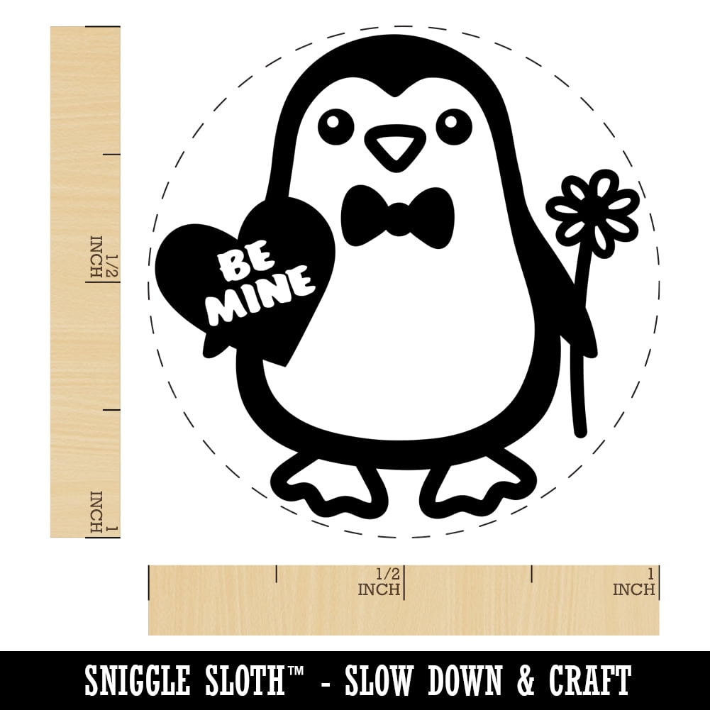 Penguin with Heart and Flower Valentine Self-Inking Rubber Stamp Ink Stamper - Brown Ink - Medium 1 Inch