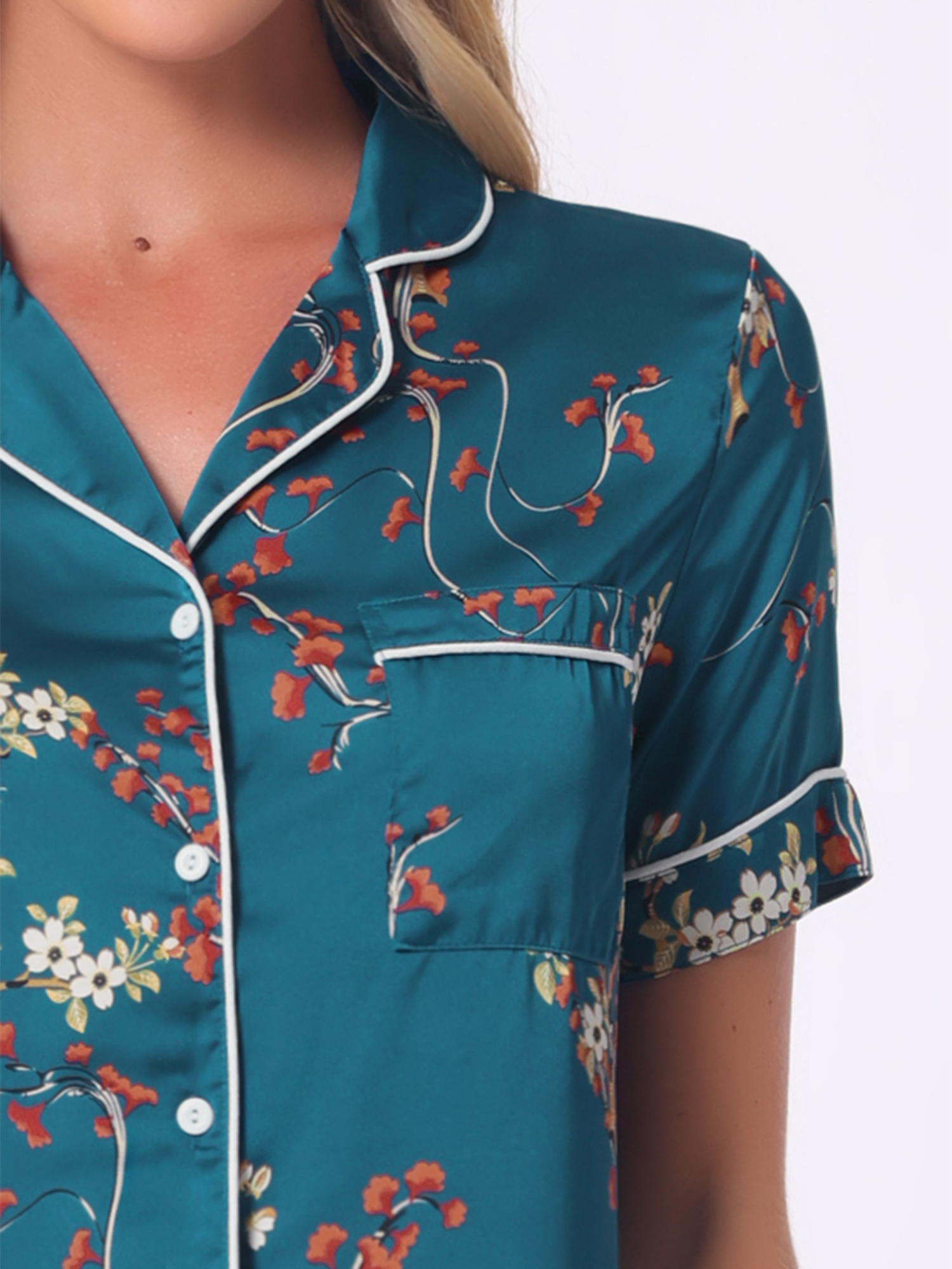 DARING DIVA Women's Silk Short Sleeves Floral Satin Pajama Sets XS Bright Blue