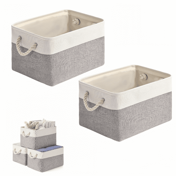 LHYXU Storage Bins, Fabric Storage Basket for Collapsible Medium Canvas Storage Baskets for Organizing Shelf Nursery Home Closet with Cotton Rope Handle (White&Grey-2PCS)