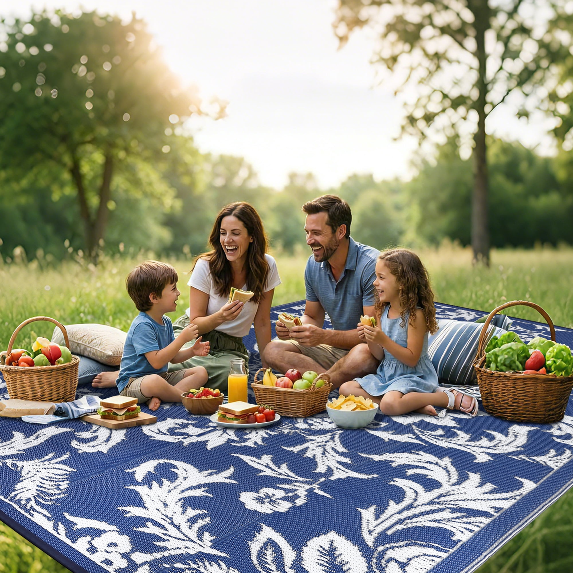 Waterproof Outdoor Rug 8x10 FT Reversible Plastic Straw Patio Mat, Lightweight Foldable Area Rug for RV Camping, Deck, Backyard, Porch, Beach, Picnic, Dark Blue & White