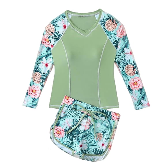 WOYY Girls UPF 50 Long Sleeves Rash Guard Shorts Athletic 2-Piece Swimsuit, Sizes 13-14