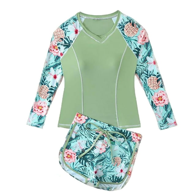 Afdoent Girls Swimsuits Long Sleeves Color Block Rash Guard Athletic Swim Tankini Sets Swimsuit Kids Swimwear For 12-13 Years