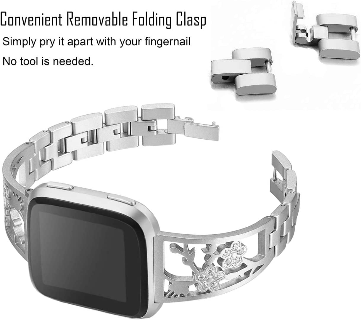 REQO Stainless Steel Bands Compatible with Fitbit Versa 2/Versa Lite/Versa for Women, Luxurious Bling Bracelet with Rhinestone Metal Wristbands