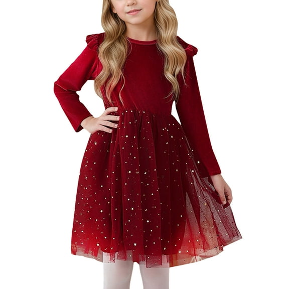 Happy Cherry Kids Girls Dress Velvet Mesh Tutu Dresses Long Sleeve Princess Dresses Sequins for Winter Fall Photoshoot 4-5 Years Red