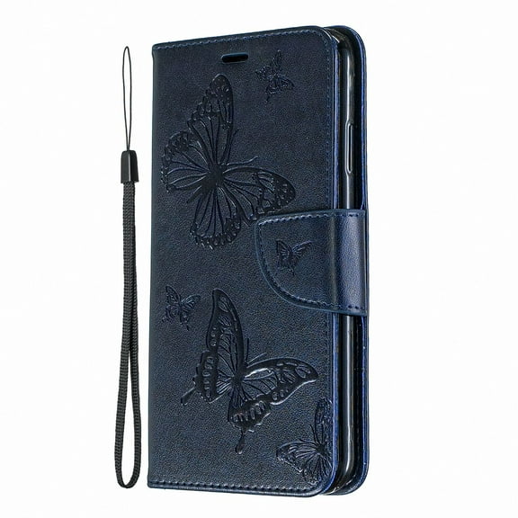 Allytech iPhone XS Max Case (6.5"), Slim Fit PU Leather Folio Butterfly Embossed Shockproof Wrist Hand Strap Flip Cards Holder Wallet Case TPU Back Cover for Apple iPhone XS Max, Blue
