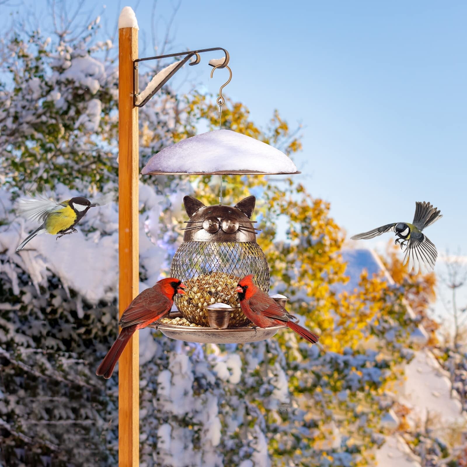 Bird Feeder for Outdoor, Squirrel Proof Metal Wild Bird Feeder Decoration for Hanging Outside Garden Yard, Cute Cat-Shaped