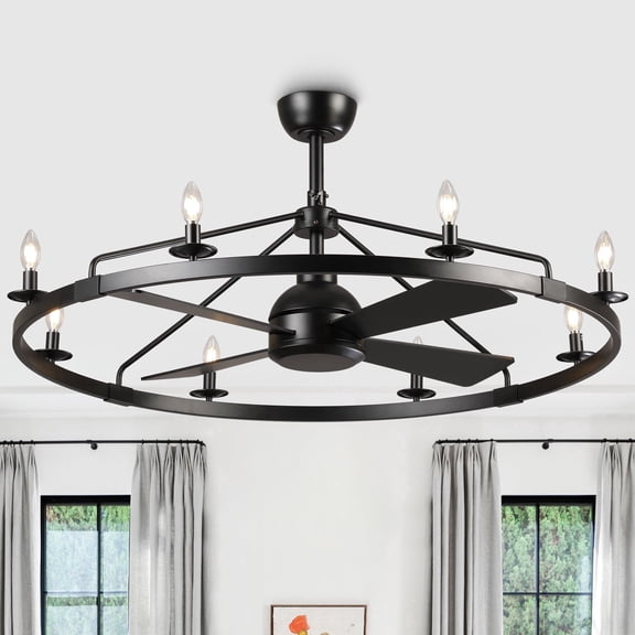 Vaczon 43" Industrial Black Wagon Wheel Caged Ceiling Fan with Light and Remote