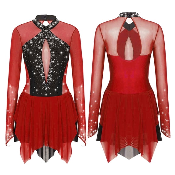 Aislor Women's Figure Ice Skating Layered Hollow Back Gymnastic Leotard Roller Skating Performance Dress Burgundy M