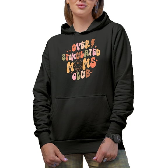 Overstimulated Moms Club, Wavy Text & Melting Smiling Face, Mother's Day Gift, Black Hooded Sweatshirt or Hoodie, Small