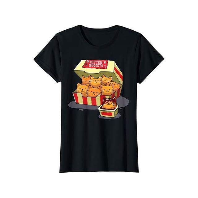 Camiseta "Gato con juego de palabras: gatitos como 'nuggets' en una caja de comida rápida y un gato con salsa picante"