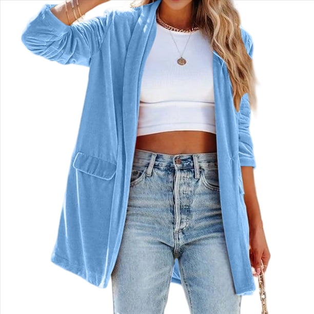 Cárdigan de Terciopelo de Larga para Mujer, Cuello de Solapa, Abertura Frontal, Suéter Vintage con Bolsillo. Azul XXL