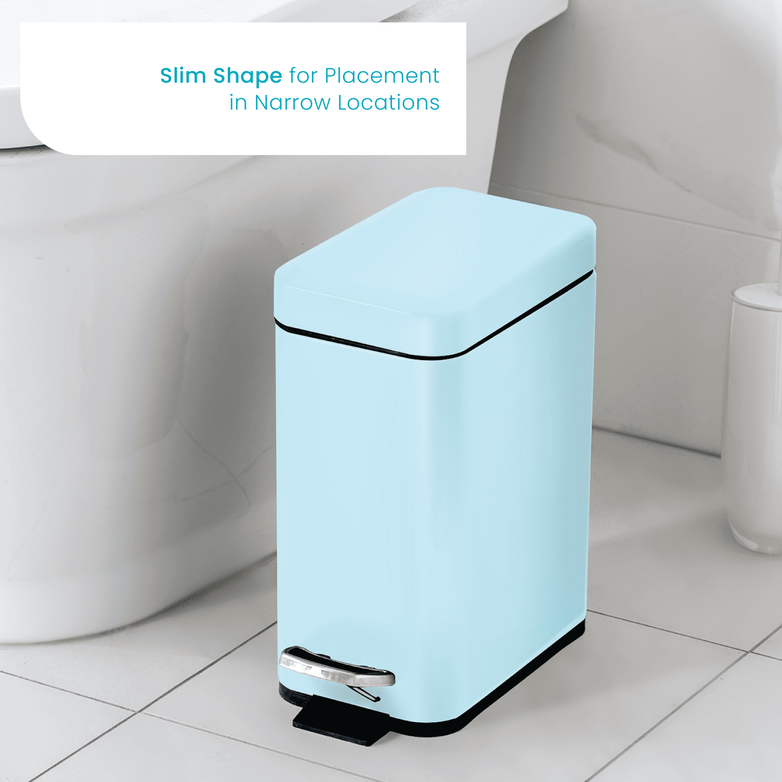 Home Zone Living 1.3 Gallon Slim Stainless Steel Trash Can with Step-On Pedal and Slow-Closing Lid, Powder Blue