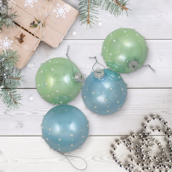 Northlight Shiny Glass Ball Christmas Ornaments with Pearl Drops - 3" (80mm) - Blue and Green - 4ct