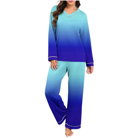 ZUKMRJPC Womens Pajama Sets 2 piece Fall Fashion Gradient Color V-neck Long Sleeve Top and Pants Sets Soft Comfy Cotton Sleepwear Sets