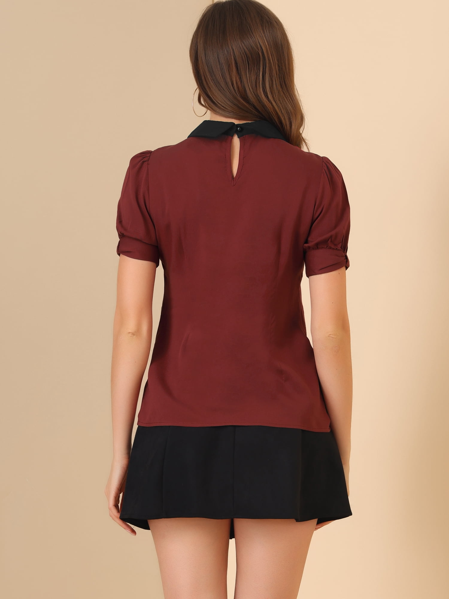 DARING DIVA Peter Pan Collar Contrast Puff Blouse Top M Burgundy