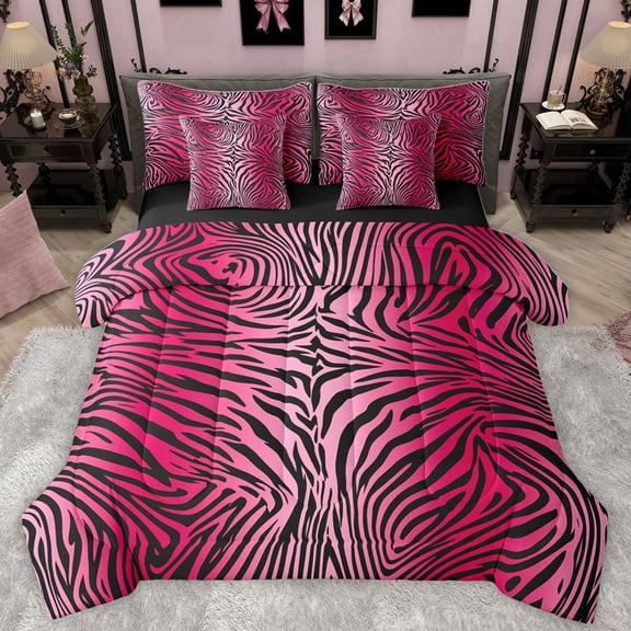 Homewish Zebra Print 7-Piece Twin Bedding Sets,Safari Animal Bedding Comforter Set,Pink Black Ombre Sheet Sets For Girl Boys,Super Cozy Room Decor Reversible