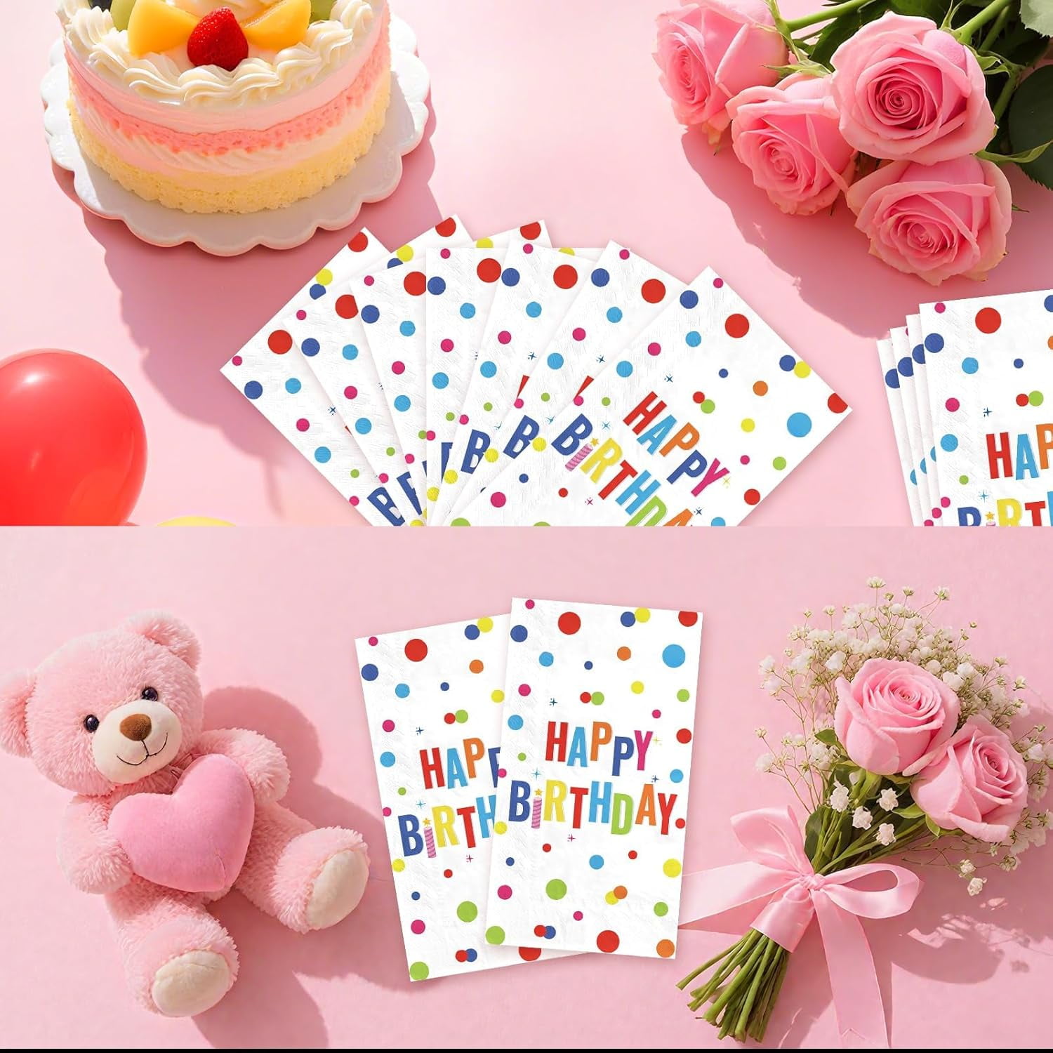 100 Pcs Happy Birthday Paper Napkins 3 Ply Colorful Dots Birthday Hand Towels Disposable Absorbent Colorful Polka Dot Guest Napkins for Christmas Adults Kids Birthday Cocktail Picnic Party Supplies