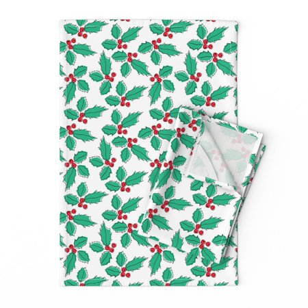 

Printed Tea Towel Linen Cotton Canvas - Christmas Holly Berries Festive Holiday Winter White Green Red Leaves Berry Print Decorative Kitchen Towel by Spoonflower