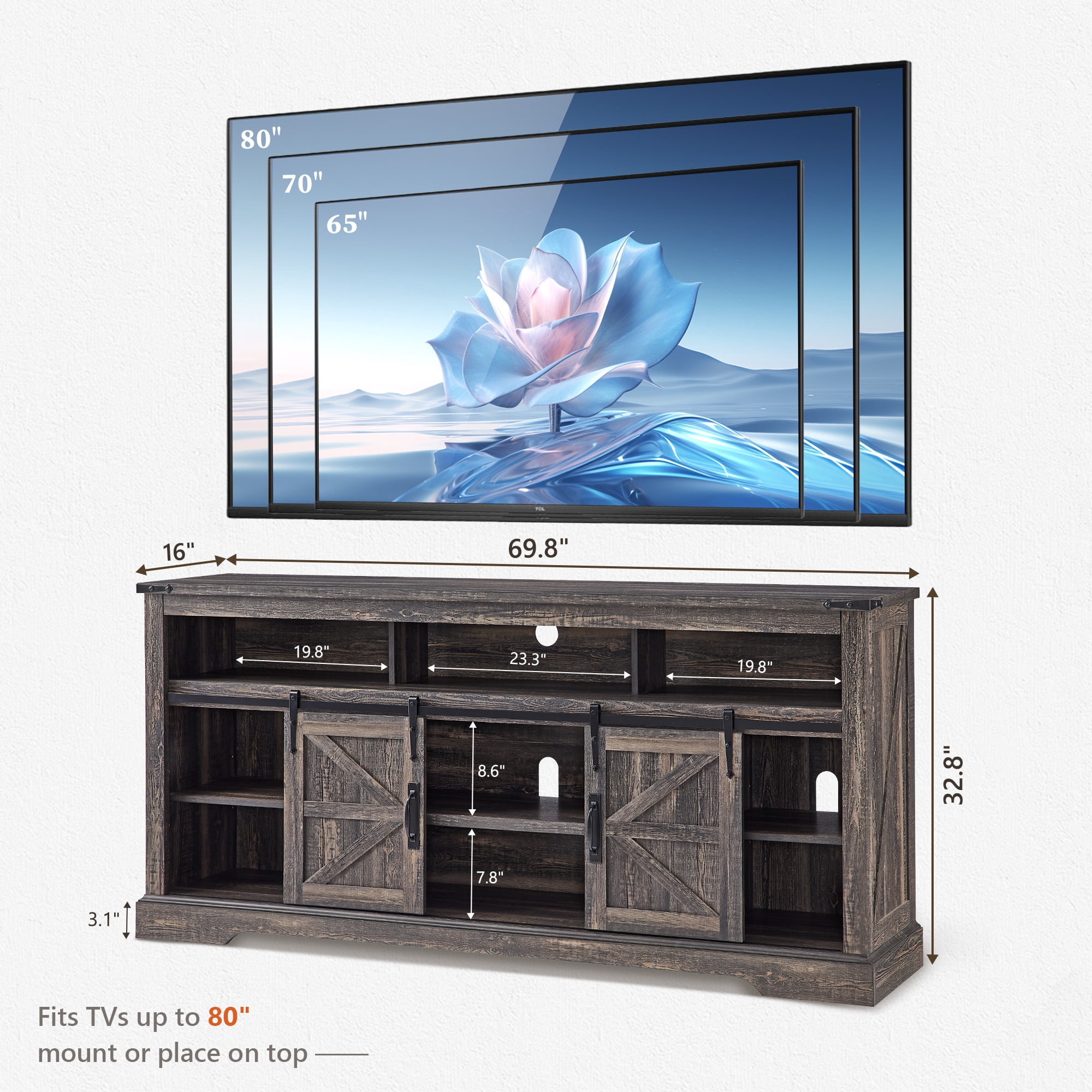KeyWhat Farmhouse TV Stand for TVs Up to 80", 9 Storage Compartments, Sliding Barn Doors