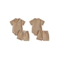thumbnail image 2 of BemeyourBBs Newborn Baby Boy Girl Summer Clothes 2 Piece Outfits Waffle Texture Button Lapel Neck Short Sleeve Solid Color Romper and Shorts Set, 2 of 9