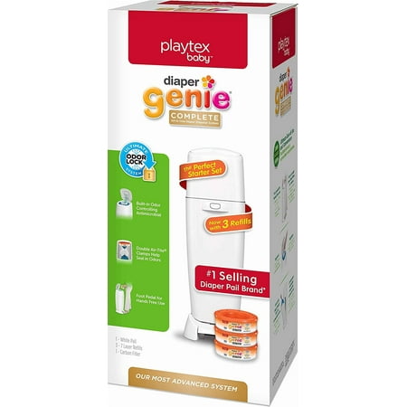 Playtex Diaper Genie Complete Diaper Pail, with Built-in Odor Controlling Antimicrobial, Includes 1 Pail and 3 Max Fresh Refills, White, White Pail (10078300115981)