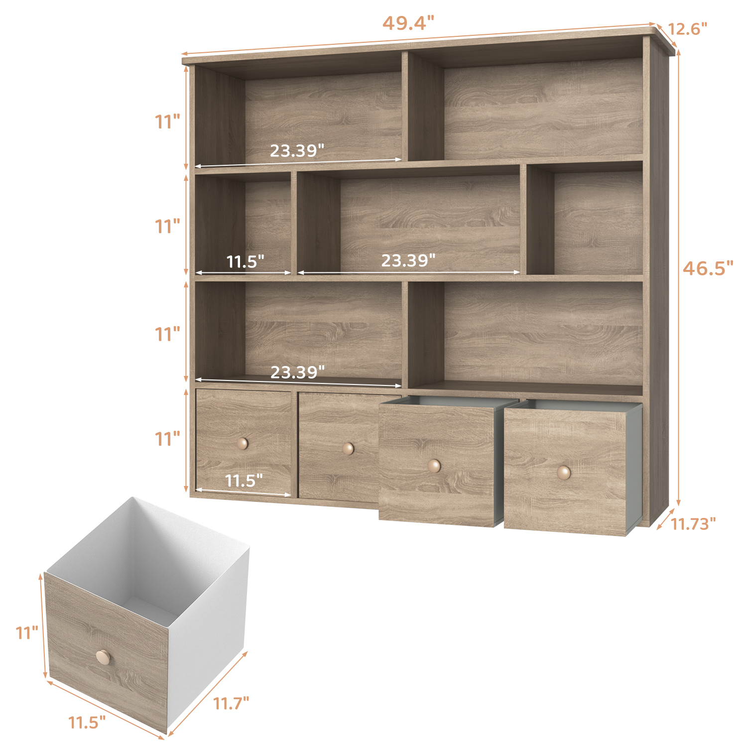 Erinnyees Kids Toy Organizer: 4-Drawer Bookshelf with 7 Cubbies, Natural