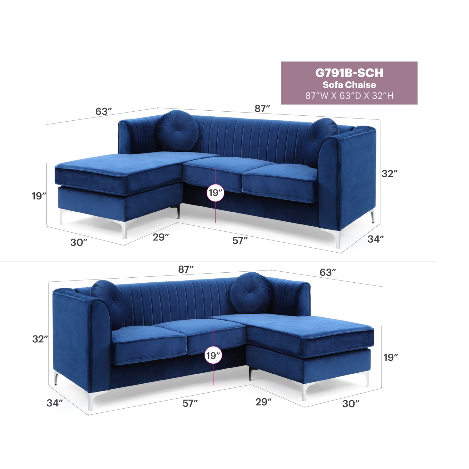 Glory Furniture Delray G791B-SC Sofa Chaise ( 3 Boxes) , NAVY BLUE