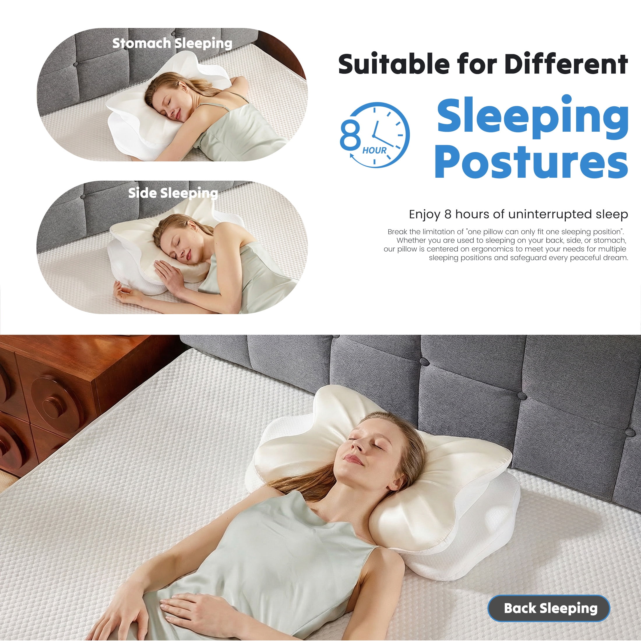 EDX Ergonomic Contoured Memory Foam Pillow, Cervical Support Pillow with Dual Height Design & Arm Grooves, Breathable Removable Cover, Suitable for Side, Back & Stomach Sleepers, Queen Size