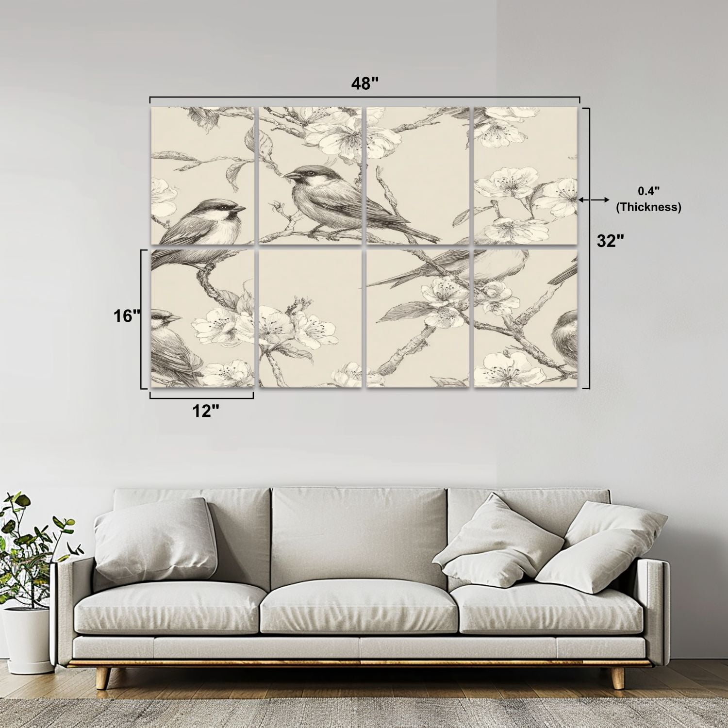 8 Pack Art Acoustic Panels Sound Absorbing Vintage Bird Cherry Blossom Decorative Soundproof Wall Panels Self Adhesive for Nursery Game Room Bedroom 48"x32"