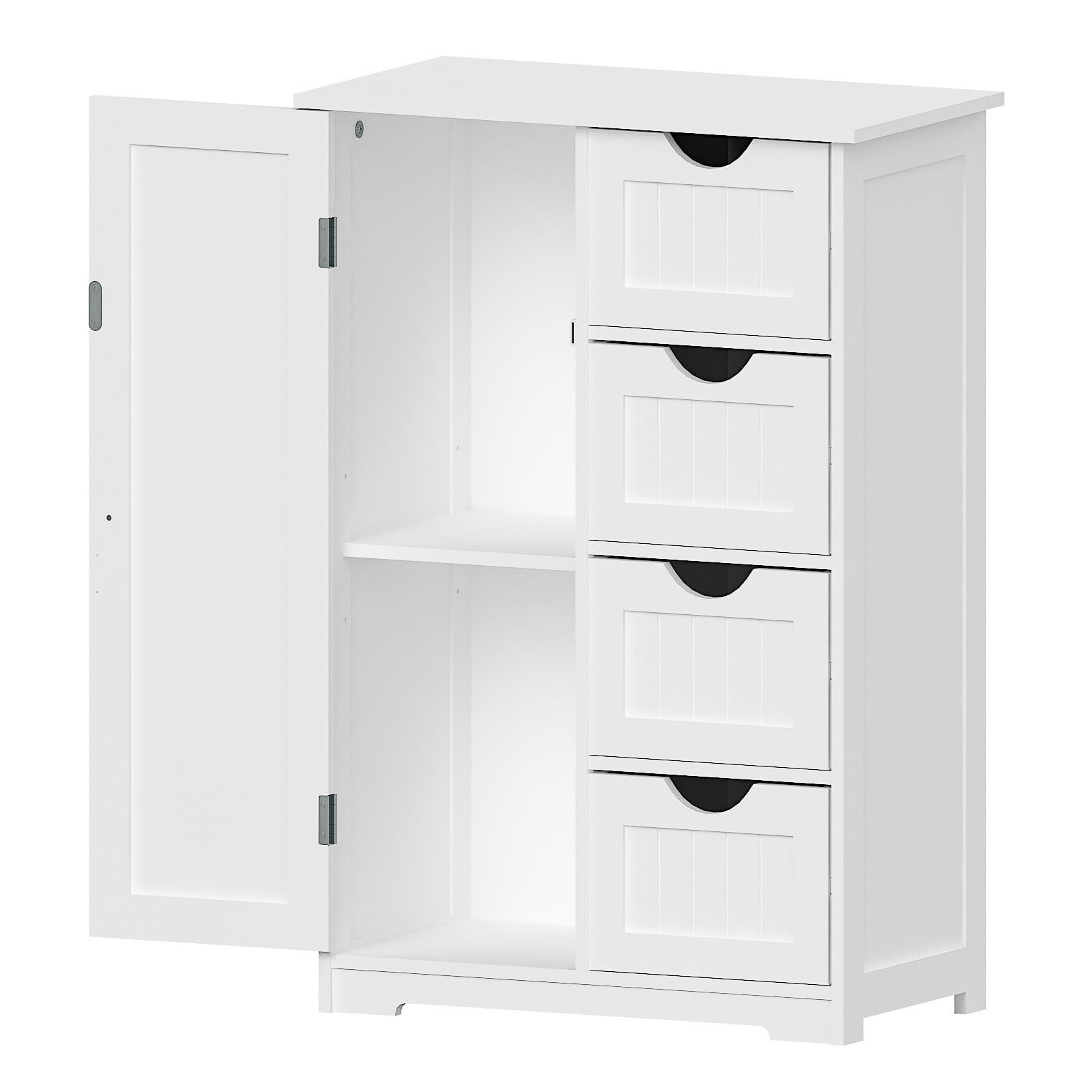 Ktaxon Wooden Bathroom Floor Cabinet, Side Storage Organizer with 4 Drawers, 1 Cupboard & 2-Shelves, White