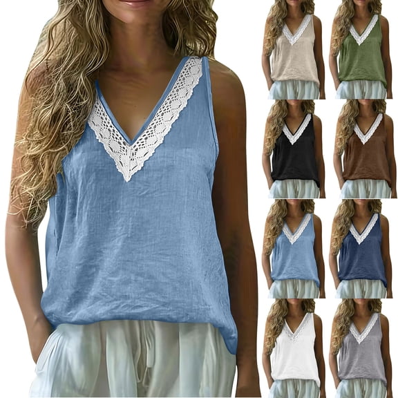 XUNKUSGA Cotton Linen Tank Tops for Women Retro Lace Splice V-Neck Tunic Tank Tops Summer Trendy Casual Loose Fit Sleeveless Blouses for Women,Blue,S