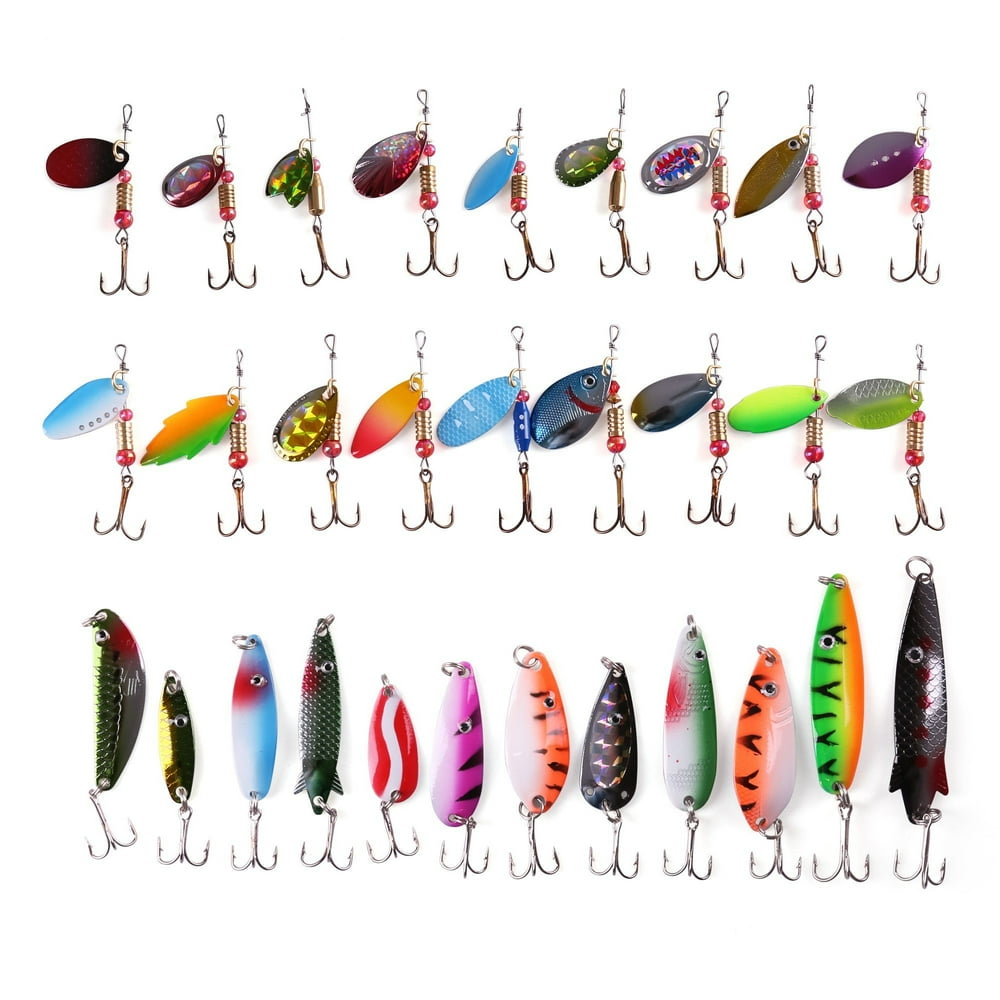 30PCS Metal Fishing Lures with Treble Hooks Assorted Inline Spinner ...