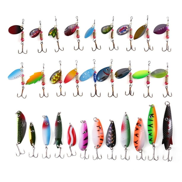 30PCS Metal Fishing Lures with Treble Hooks Assorted Inline Spinner