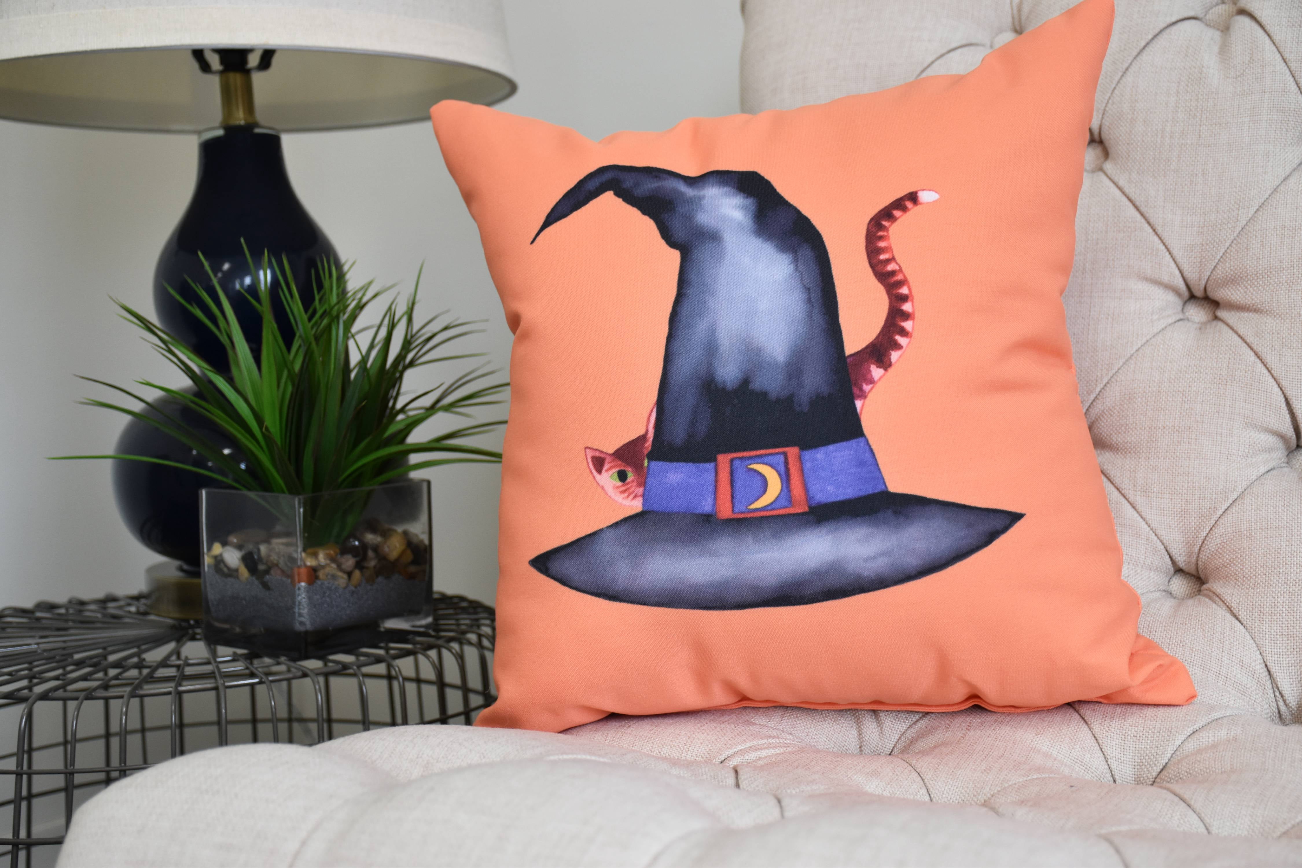 Cat Behind the Hat 16 Inch Orange Halloween Print Decorative Throw Pillow