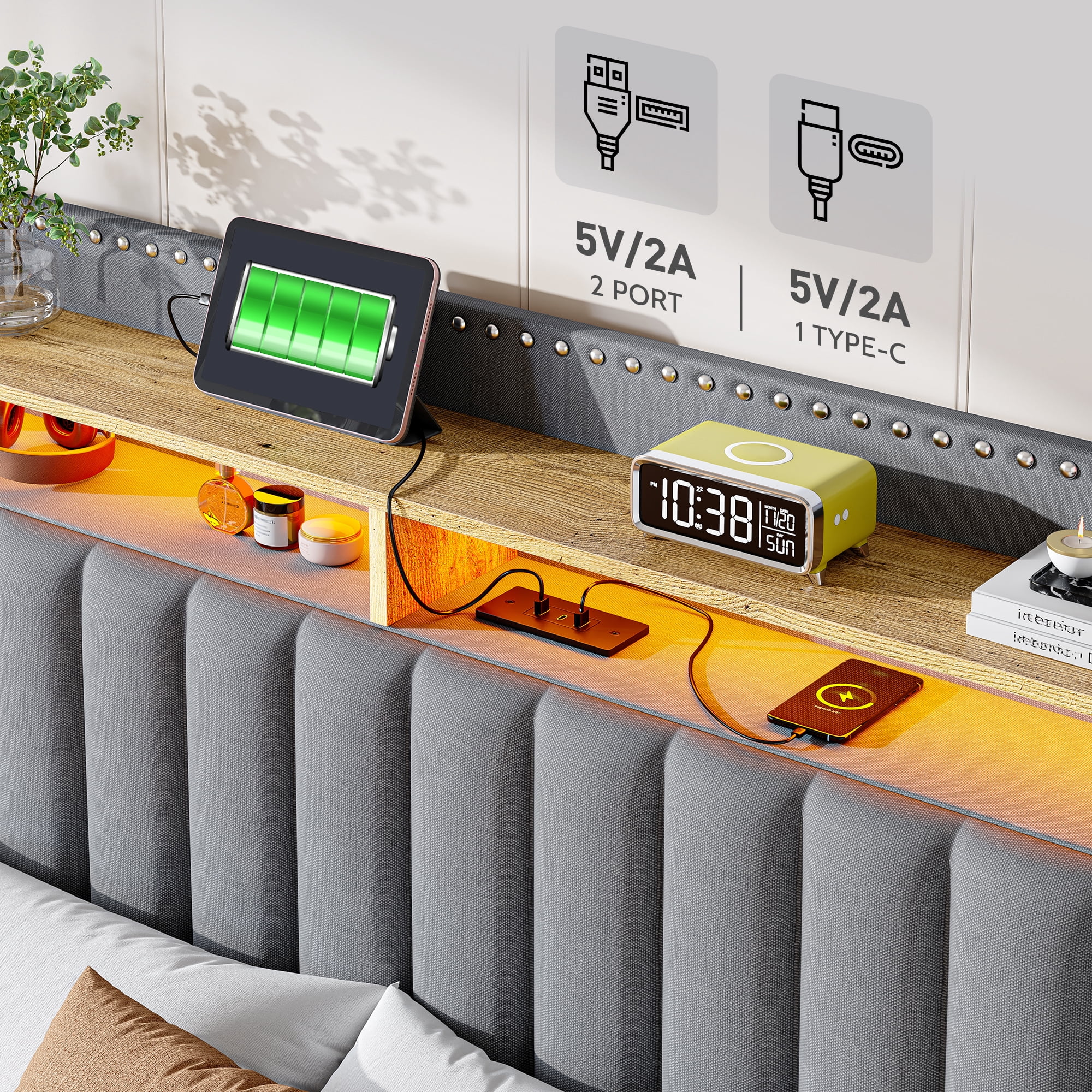 EnHomee King Size Bed Frame with 2 Drawers & 2-Tier Storage Shelf Upholstered Bed Frame King with Headboard King Bed Frame with Storage & LED Lights & Charge Station, No Box Spring Needed, Gray