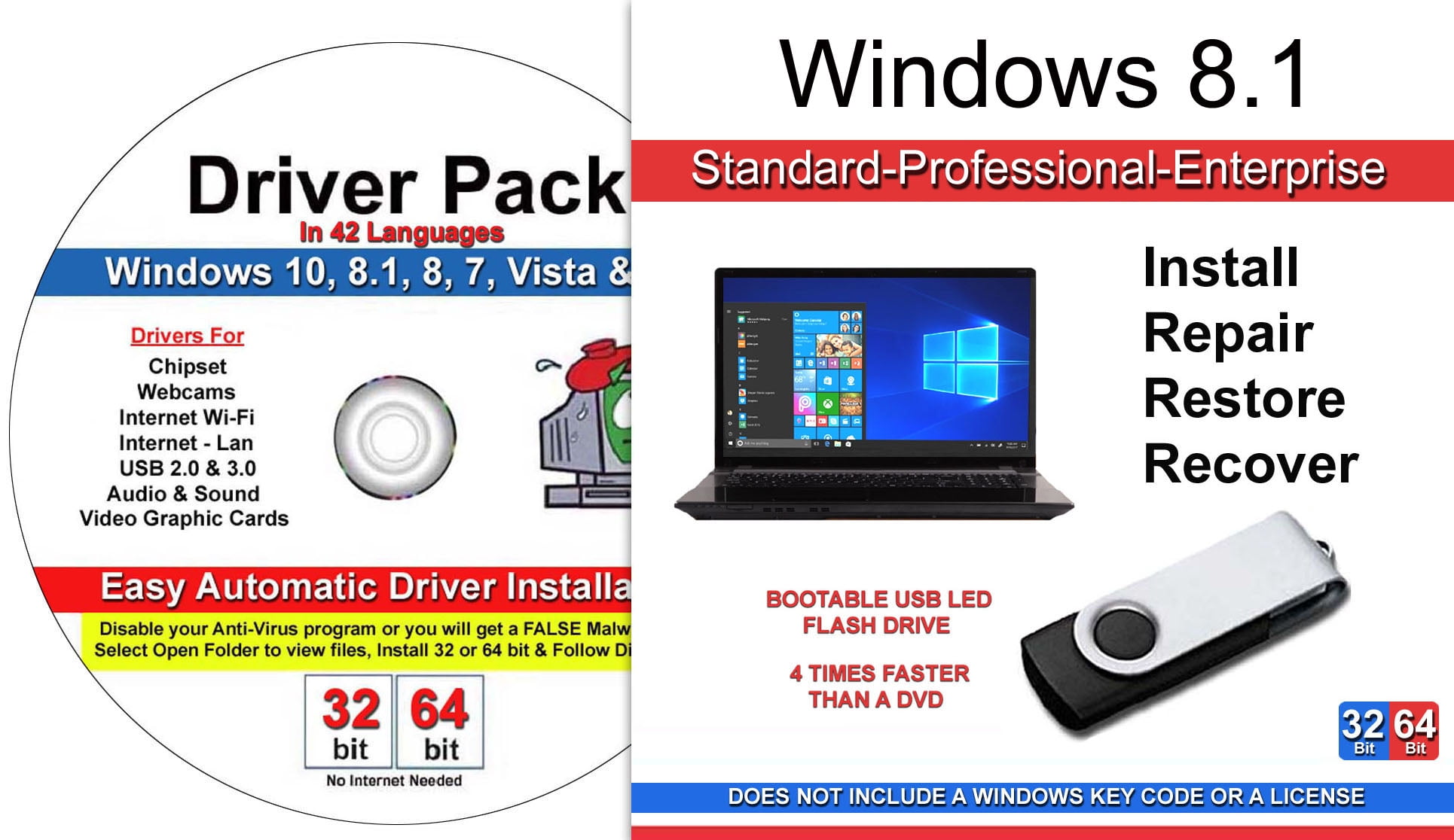 trone Uforenelig Flytte Microsoft Windows 8.1 All Versions Repair Install Restore & Recover 32/64  Bit USB Flash Drive For Legacy Bios Plus Windows Drivers DVD - Walmart.com