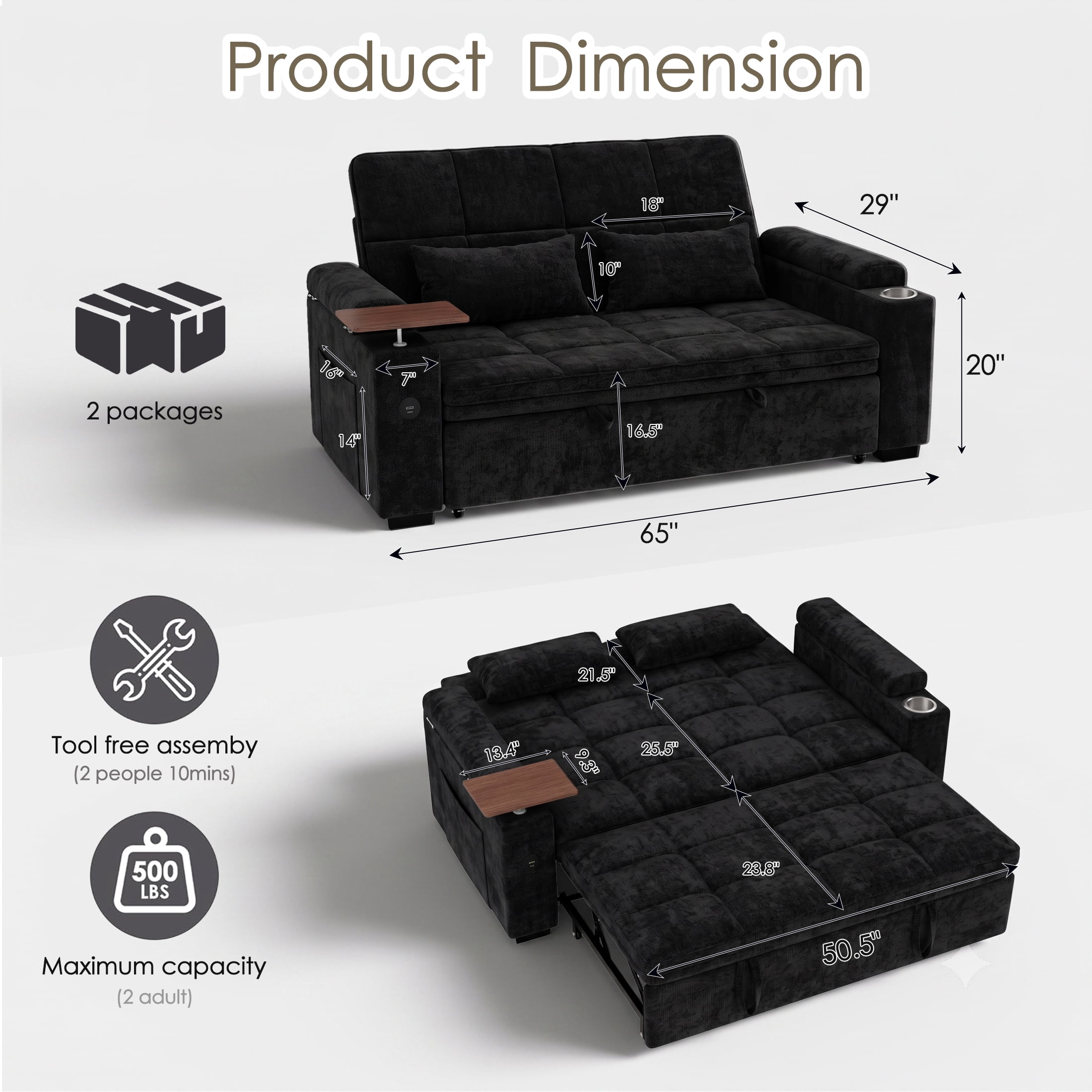 AISWORD 65" 3‑in‑1 Pull‑Out Sleeper Sofa Bed, Chenille Convertible Loveseat with USB Port, Rotating Side Table, Cup Holders for Small Spaces, Black