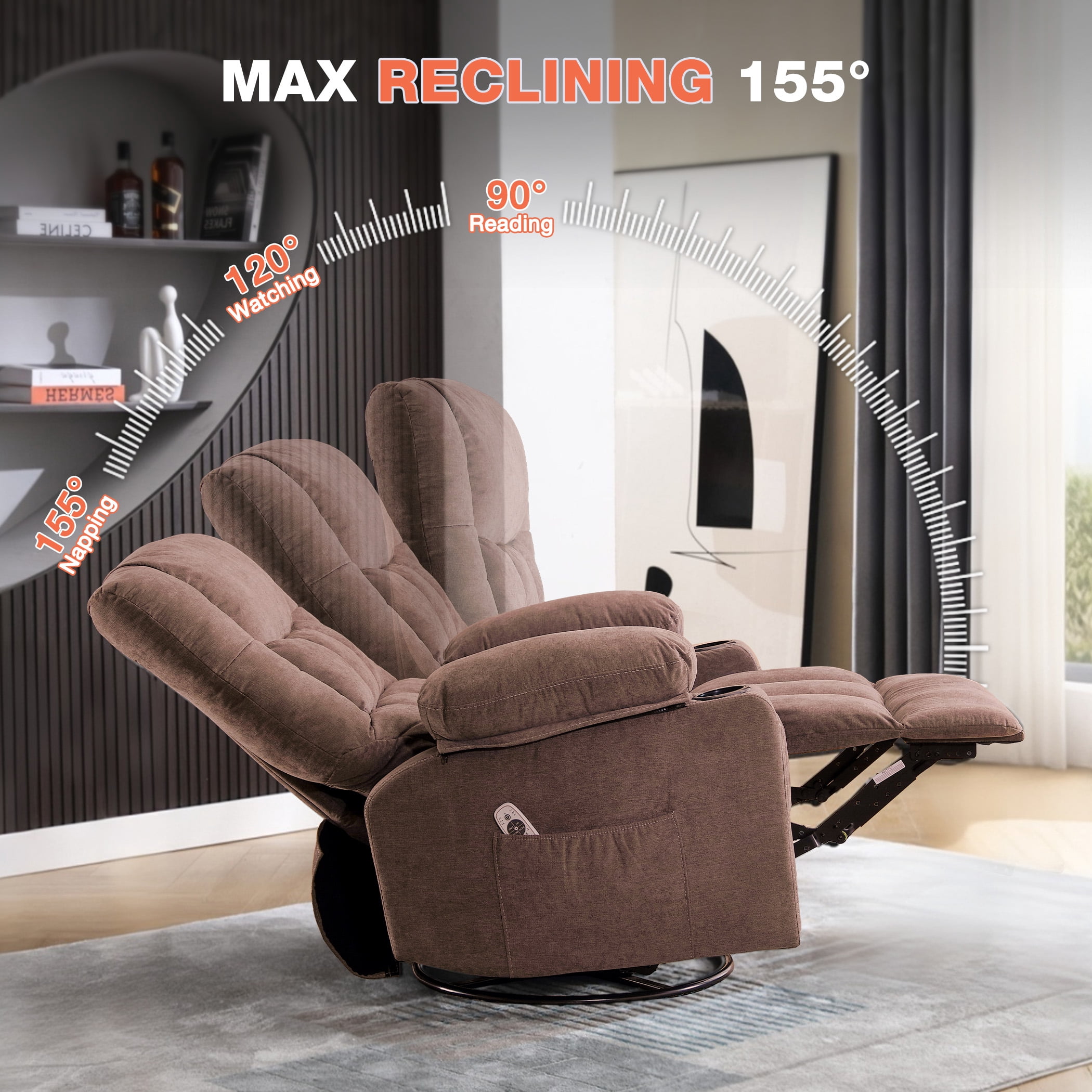 Oversized Massage Recliner Chair for Elderly,Modern Living Room Electric Rocking & Reclining Chairs with with Heat, 8-Point Vibration,USB Charger and Cup Holders, Plush Velvet Single Sofa, Brown