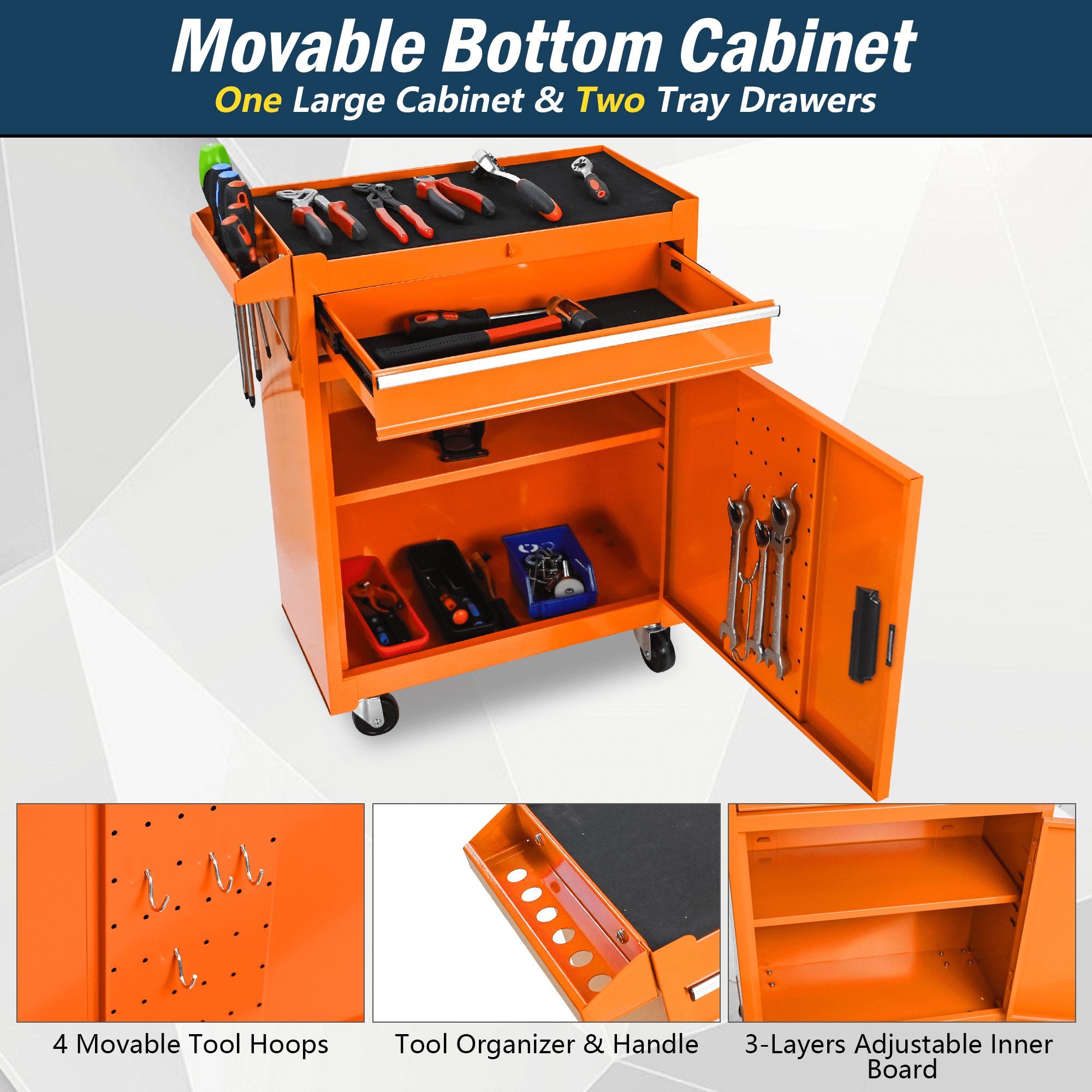 Tool Box, Seizeen Rolling Tool Chest, Stainless Steel Tool Box with Brake Wheels and 4 Drawers, Detachable Tool Cart, Orange