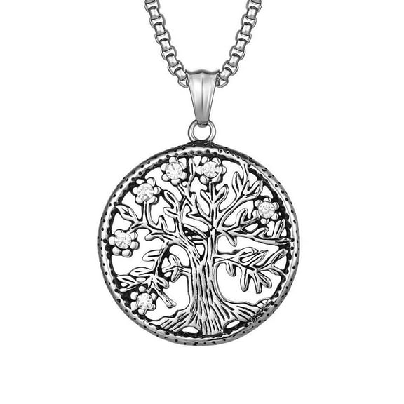 PAMTIER Unisex Stainless Steel Vintage Cut Out Family Tree of Life Crystal Inlay Flower Shaped Couple Pendant Amulet Necklace Silver with Chain