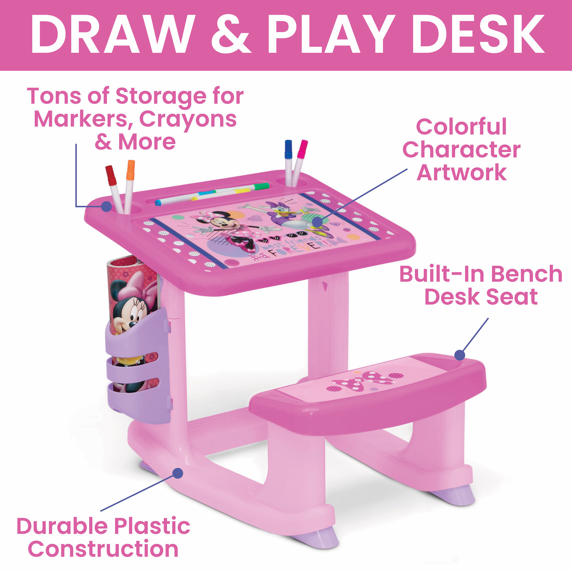 Minnie Mouse 3-Piece Art & Play Toddler Room-in-a-Box by Delta Children – Includes Draw & Play Desk, Art & Storage Station & Fabric Toy Box, Pink - image 4 of 11