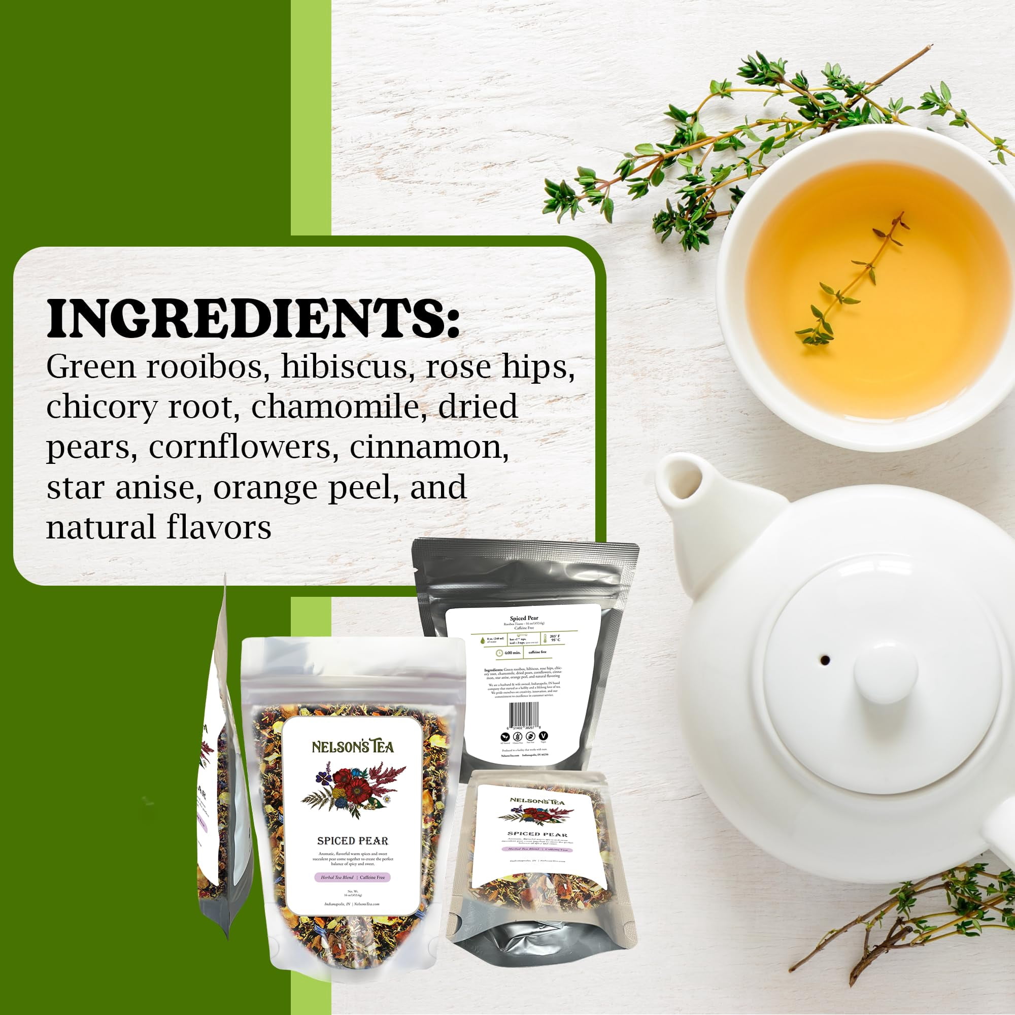 Nelson's Tea - Spiced Pear Loose Leaf Tea-Blend of Green Rooibos, Hibiscus, Rose Hips, Chicory Root, Chamomile, Dried Pears, Cornflowers, Cinnamon, Star Anise, Orange Peel, and Natural Flavors- 16oz