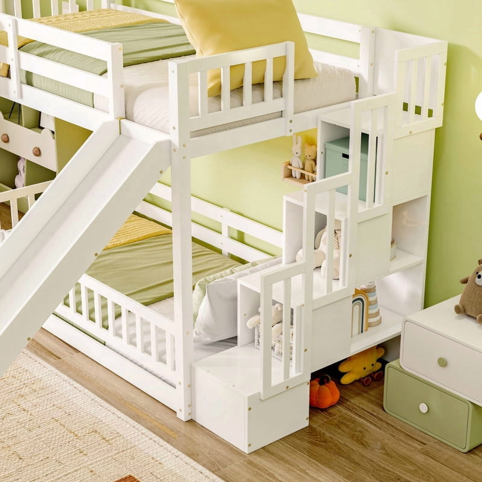 Twin-Over-Twin Bunk Bed with Slide, Storage Staircase & Detachable Rack, Wooden Kids Bed Frame with LED Light & Guardrail