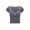 thumbnail image 1 of Mialoley Hauts Courts en Dentelle pour Femmes Manches Courtes Col Cœur Mini Nœud devant T-Shirt Slim Doux, 1 of 9