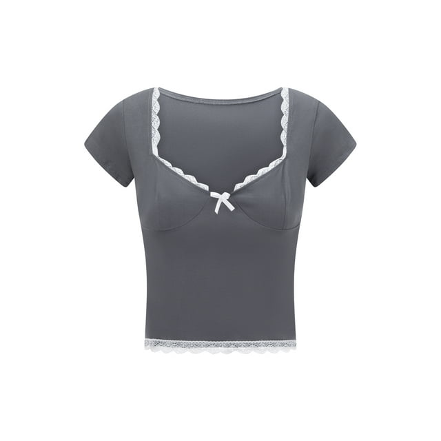 Mialoley Hauts Courts en Dentelle pour Femmes Manches Courtes Col Cœur Mini Nœud devant T-Shirt Slim Doux