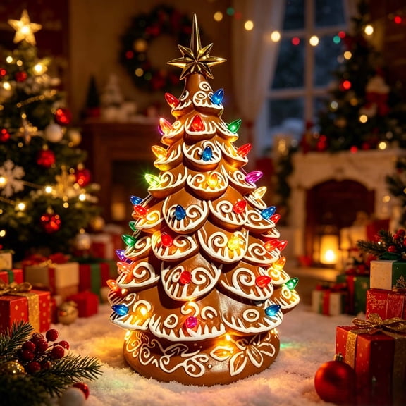 Light Up Christmas Tree Tabletop Decor with Colorful Bulbs, 15 Inch Resin Gingerbread Tree Figurine, Vintage Holiday Centerpiece Ornament for Mantel Fireplace Home