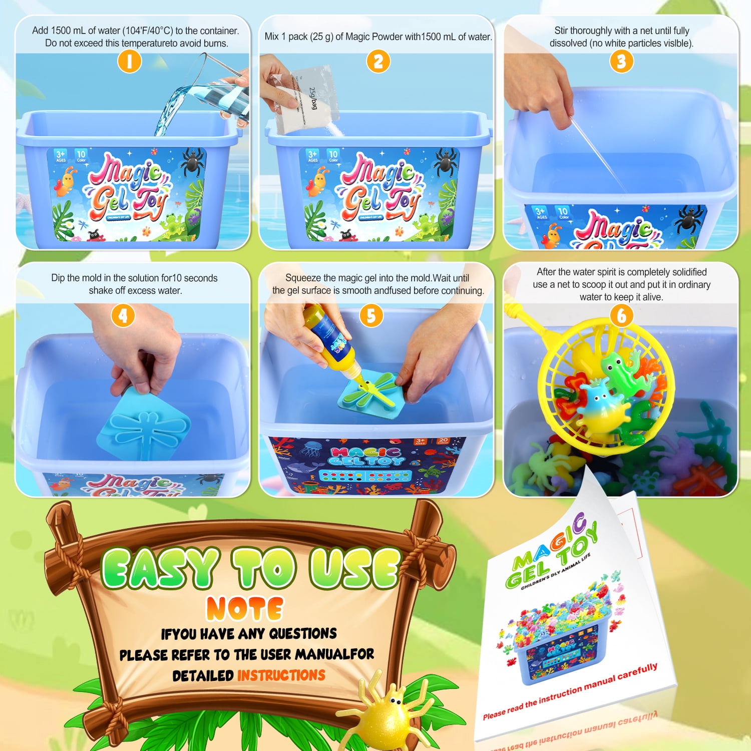 Beefunni Magic Fairy Water Elf Toy for Kids, Creative Water Gel Kit with 10 Color Magic Gels & 6 Molds, Kids Art Ceaft Set, Birthday Gift for Kids (Insect)